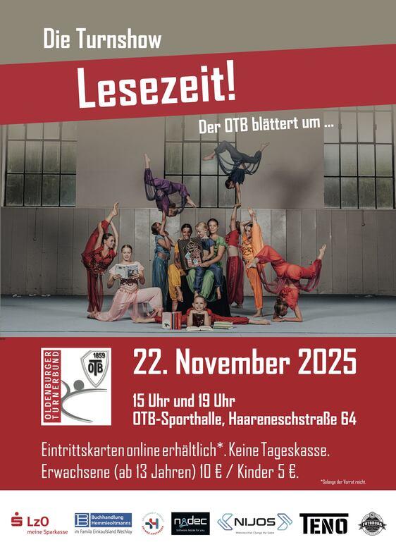 Plakat der Turnshow 2025 zu Motto "Lesezeit"